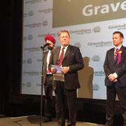 Tory candidate Adam Holloway makes his winning speech at the Gravesham count