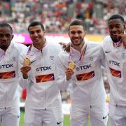 Great Britain's (from left to right) CJ Ujah, Adam Gemili, Daniel Talbot and Nethaneel Mitchell Blake with their gold medals for the 4x100m Men's Relay during day ten of the 2017 IAAF World Championships at the London Stadium. PRESS ASSOCIATION