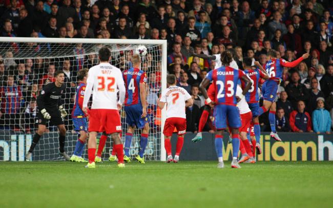 Dwight Gayle completes his hat-trick with this late header. Picture by Edmund Boyden.