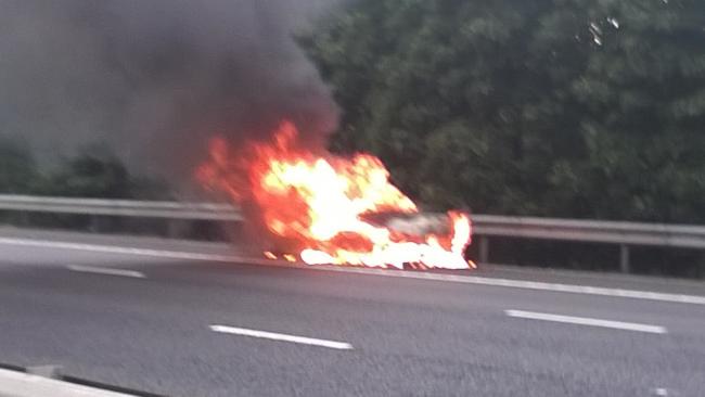 The car was pictured on fire on the London-bound M20 motorway